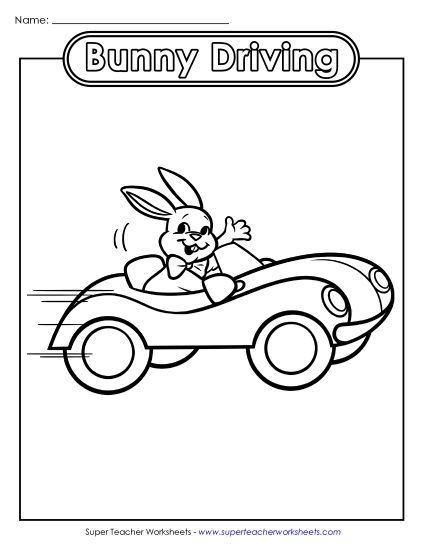 Basic Pictures (For Younger Kids) - Coloring Page: Driving Easter Bunny (Printable PDF Worksheet)