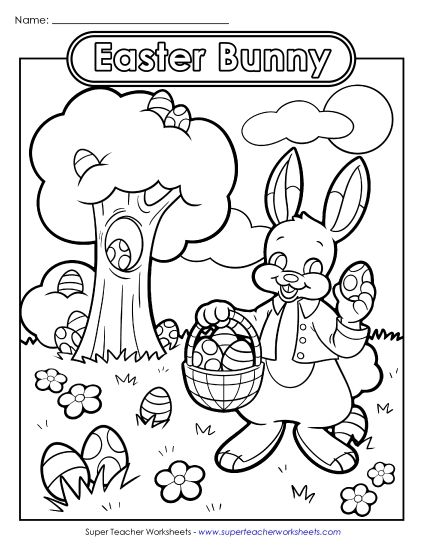 Advanced Pictures (For Older Kids) - Coloring Page: Easter Bunny Egg Hunt (Printable PDF Worksheet)