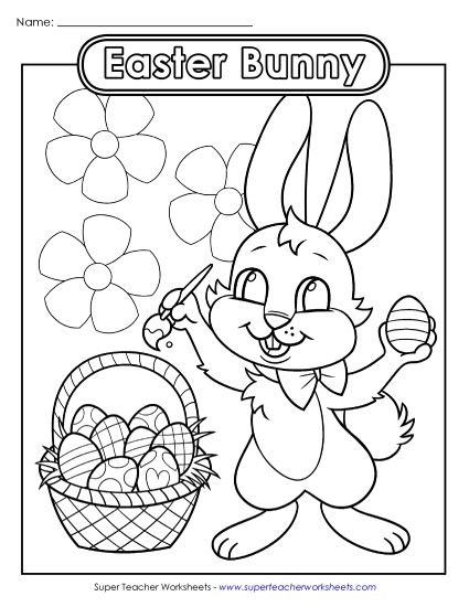 Advanced Pictures (For Older Kids) - Coloring Page: Easter Bunny Painting Eggs (Printable PDF Worksheet)