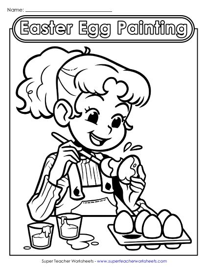 Advanced Pictures (For Older Kids) - Coloring Page: Girl Painting Easter Eggs (Printable PDF Worksheet)