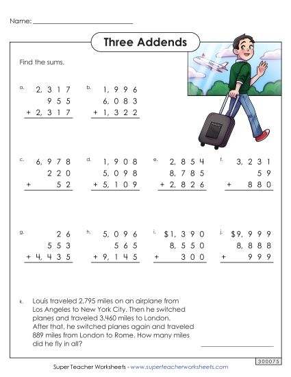 3 or More Addends - Column Addition: 4 Digits, 3 Addends (Printable PDF Worksheet)