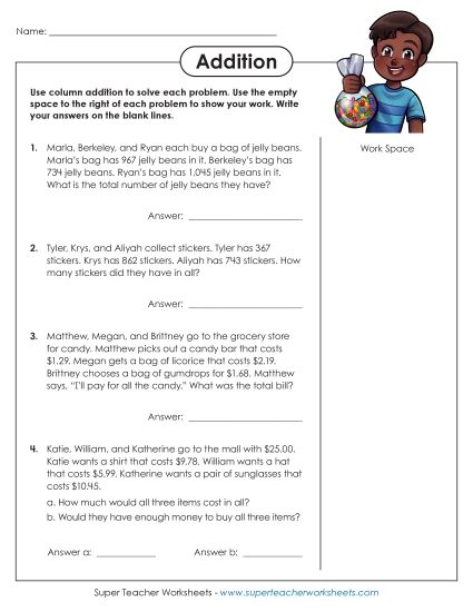 Addition - Column Addition Word Problems Worksheet #2 (Printable PDF Worksheet)