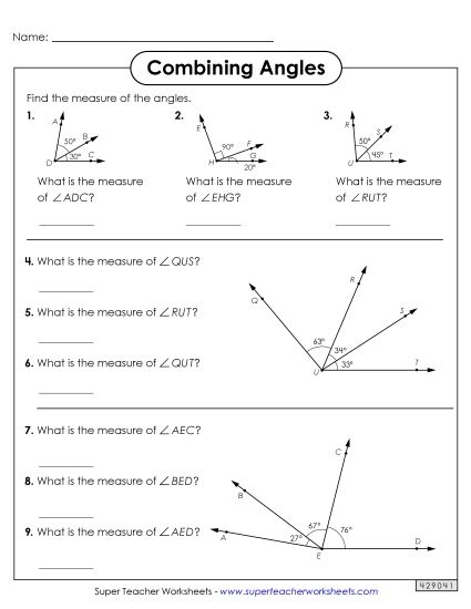 Adding Angles Worksheets - Combining Angles Worksheet 1  (Printable PDF Worksheet)