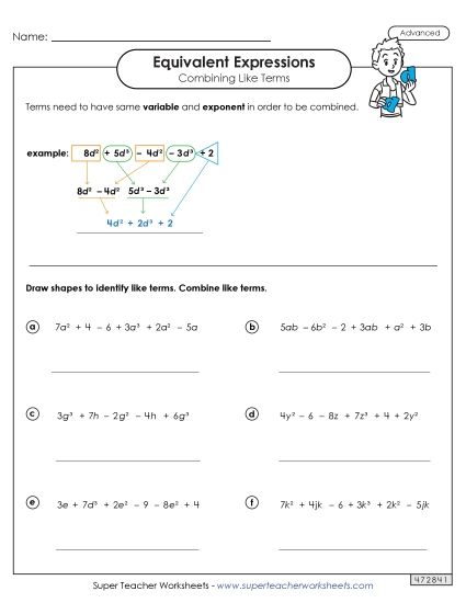 Combining Like Terms (Simplifying Expressions) - Combining Like Terms (Advanced #3) (Printable PDF Worksheet)
