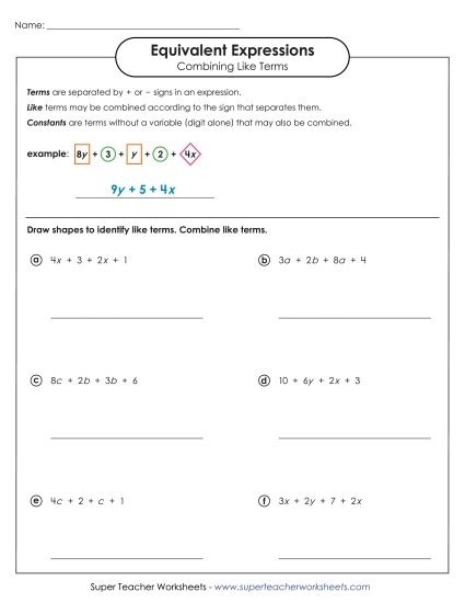Combining Like Terms (Simplifying Expressions) - Combining Like Terms (Basic #1) (Printable PDF Worksheet)