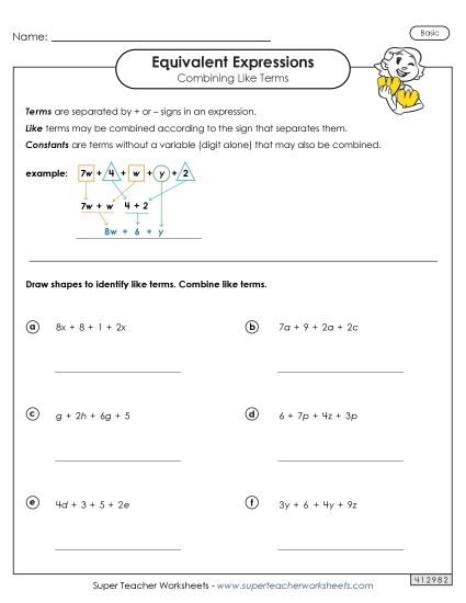 Combining Like Terms (Simplifying Expressions) - Combining Like Terms (Basic #2) (Printable PDF Worksheet)