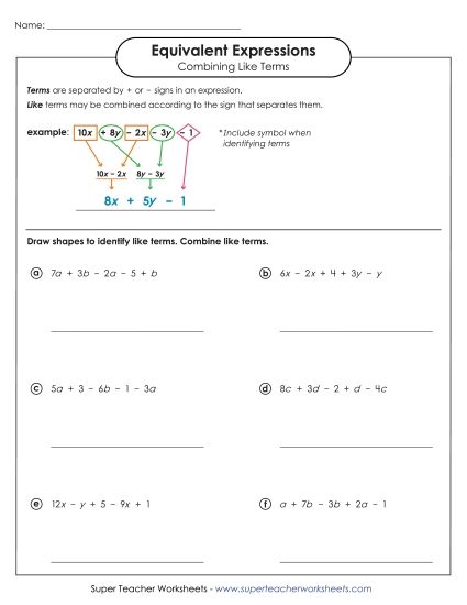 Combining Like Terms (Simplifying Expressions) - Combining Like Terms (Intermediate #1) (Printable PDF Worksheet)