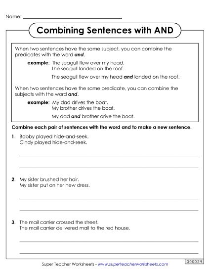 Intermediate - Combining Sentences with AND (Printable PDF Worksheet)