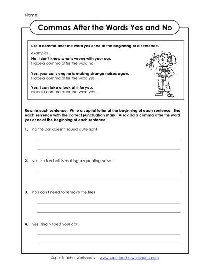 Commas After Interjections - Comma After Yes and No (Printable PDF Worksheet)