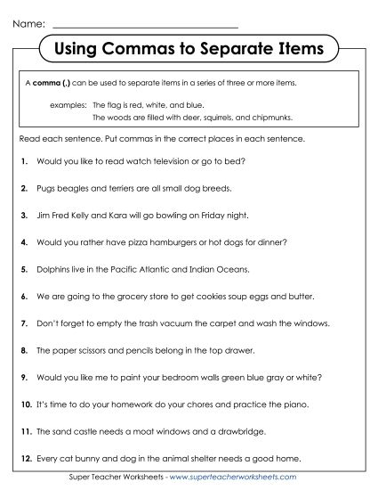 Commas for Items in a Series - Commas for Items in a Series (Printable PDF Worksheet)