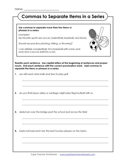 Commas for Items in a Series - Commas in a Series (Sports) (Printable PDF Worksheet)