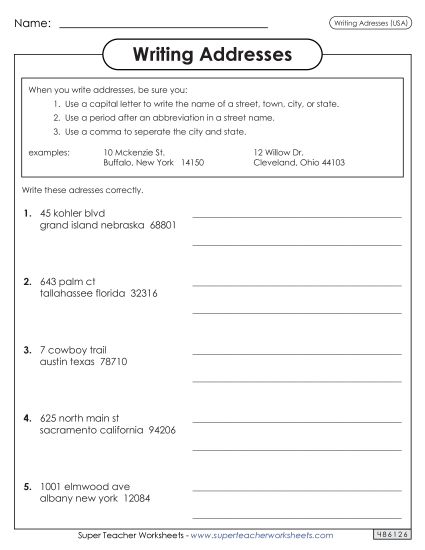Commas in Addresses - Commas in Addresses (Printable PDF Worksheet)