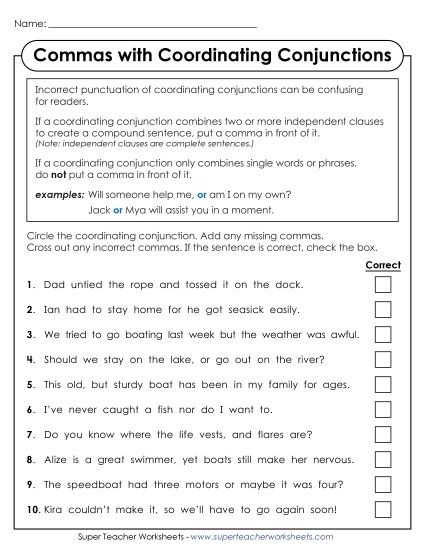 Advanced - Commas with Coordinating Conjunctions (Printable PDF Worksheet)