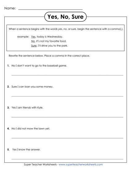 Commas - Commas - Yes and No (Printable PDF Worksheet)