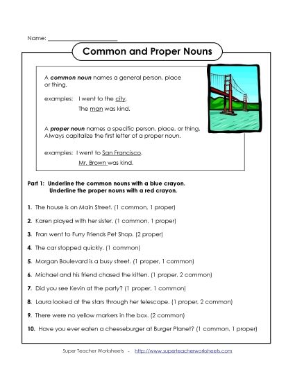 Common & Proper Nouns - Common and Proper Nouns  (B) (Printable PDF Worksheet)