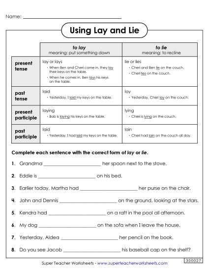 Commonly Confused Verbs - Commonly Confused Verbs: Lay and Lie (Printable PDF Worksheet)