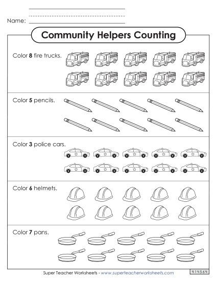 Counting Up to 10 - Community Helpers Count & Color  (Printable PDF Worksheet)