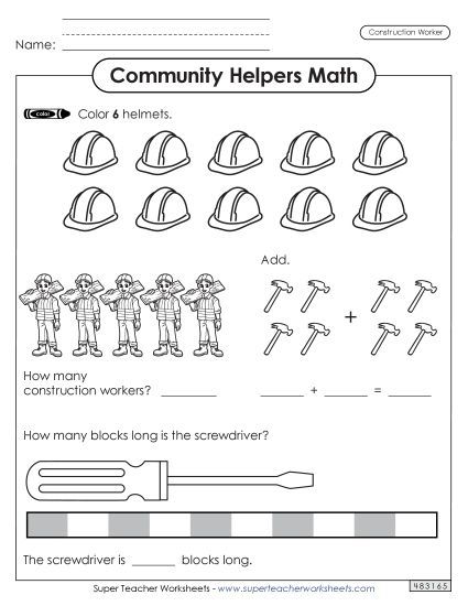 Mixed Math Skills (Very Basic) - Community Helpers Math: Construction Worker (Printable PDF Worksheet)