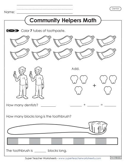 Mixed Math Skills (Very Basic) - Community Helpers Math: Dentist (Printable PDF Worksheet)