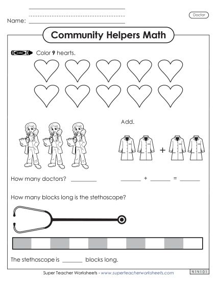 Mixed Math Skills (Very Basic) - Community Helpers Math: Doctor (Printable PDF Worksheet)