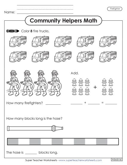 Mixed Math Skills (Very Basic) - Community Helpers Math: Firefighter (Printable PDF Worksheet)