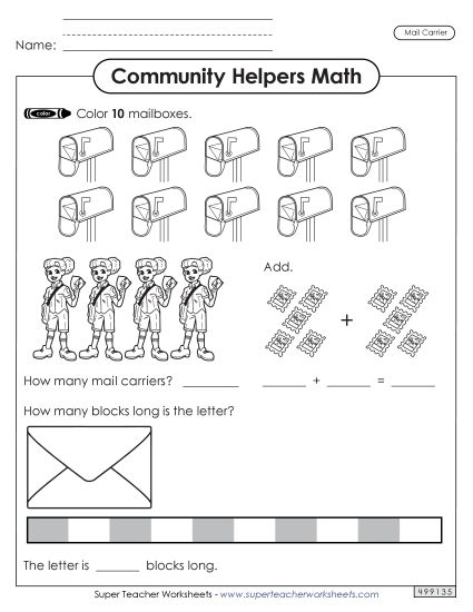Mixed Math Skills (Very Basic) - Community Helpers Math: Mail Carrier (Printable PDF Worksheet)