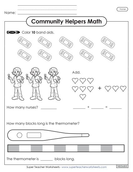 Mixed Math Skills (Very Basic) - Community Helpers Math: Nurse (Printable PDF Worksheet)