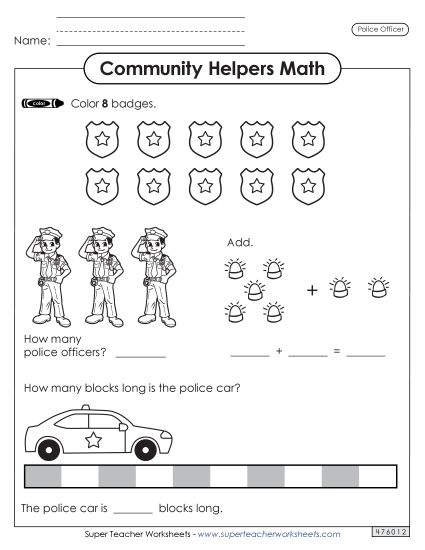 Mixed Math Skills (Very Basic) - Community Helpers Math: Police Officer (Printable PDF Worksheet)