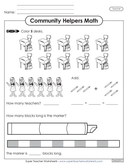 Mixed Math Skills (Very Basic) - Community Helpers Math: Teacher (Printable PDF Worksheet)