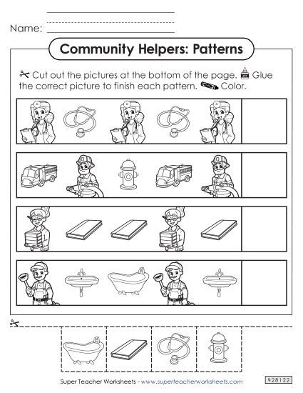 Patterns (Cut & Glue) - Community Helpers: Patterns Worksheet #1 (Printable PDF Worksheet)