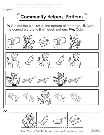Patterns (Cut & Glue) - Community Helpers: Patterns Worksheet #3 (Printable PDF Worksheet)
