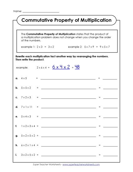 Properties of Multiplication - Commutative Property of Multiplication (Printable PDF Worksheet)