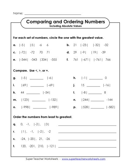 Absolute Value - Compare and Order Numbers With Absolute Values (Printable PDF Worksheet)