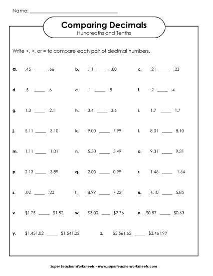 Tenths & Hundredths Mixed - Compare Decimals 2 (Tenths and Hundredths) (Printable PDF Worksheet)