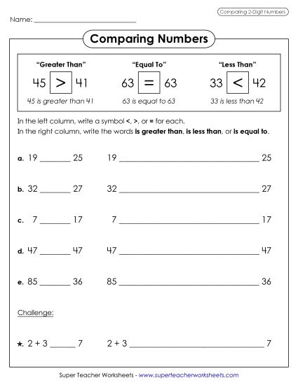 Comparing Numbers - Comparing 2-Digit Numbers using Words and Symbols (Printable PDF Worksheet)