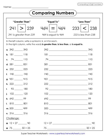 Comparing Numbers - Comparing 3-Digit Numbers (Printable PDF Worksheet)