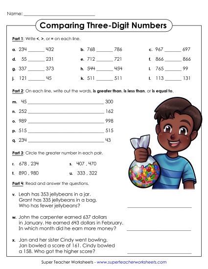Comparing Numbers - Comparing 3-Digit Numbers - Worksheet (Printable PDF Worksheet)