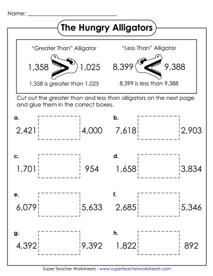 Comparing Numbers - Comparing 4-Digit Numbers Alligators #1 (Printable PDF Worksheet)