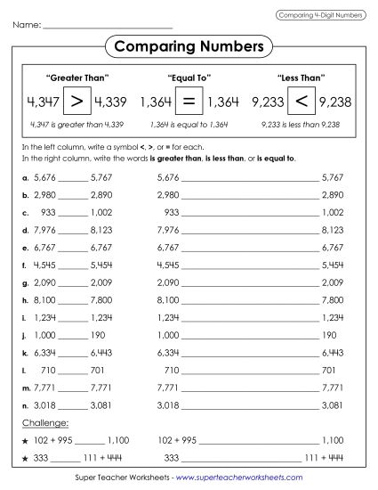Comparing Numbers - Comparing 4-Digit Numbers (Printable PDF Worksheet)