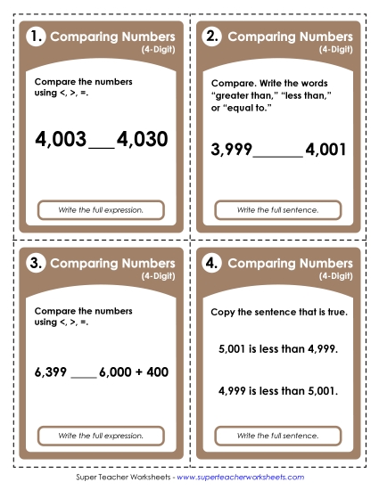 Comparing Numbers - Comparing 4 Digit Numbers: Task Card Practice (Printable PDF Worksheet)