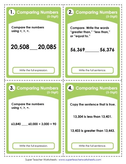 Comparing Numbers - Comparing 5-Digits Task Cards (Printable PDF Worksheet)