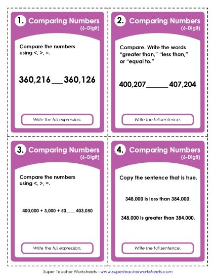 Place Value - Comparing 6-Digit Numbers Greater than / Less than (Printable PDF Worksheet)