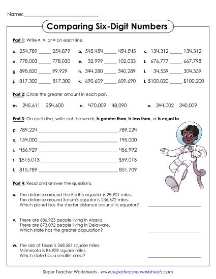 Comparing Numbers - Comparing 6-Digit Numbers (Printable PDF Worksheet)