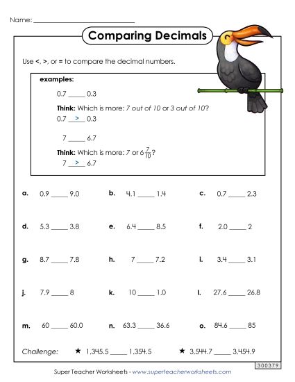 Comparing Decimals - Comparing Decimal Numbers (Tenths) (Printable PDF Worksheet)