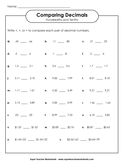 Comparing Decimals - Comparing Decimals Activity #2 (Tenths and Hundredths) (Printable PDF Worksheet)