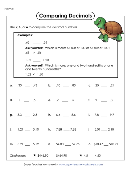 Comparing Decimals - Comparing Decimals Activity (to the Tenths and Hundredths) (Printable PDF Worksheet)