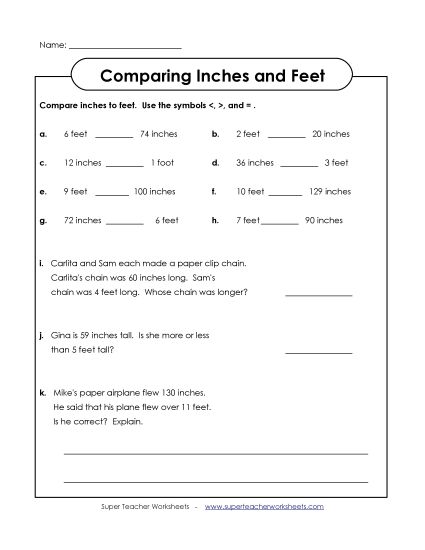 Conversions & Unit Comparisons - Comparing Feet & Inches (Printable PDF Worksheet)