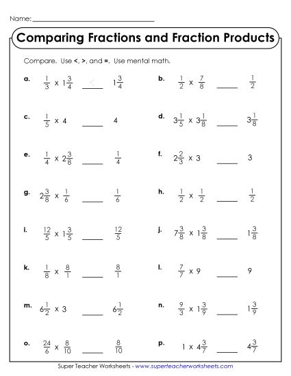 Mixed Skills: Multiplying Fractions, Whole Numbers, and Mixed Numbers - Comparing Fractions and Fraction Product (Scaling) (Printable PDF Worksheet)