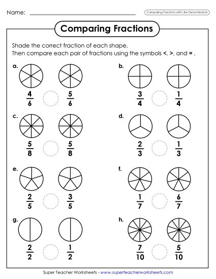 Comparing Fractions - Comparing Fractions Circles (Same Denominators) (Printable PDF Worksheet)