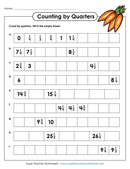 Fraction Counting - Comparing Fractions: Counting by Quarters (Printable PDF Worksheet)